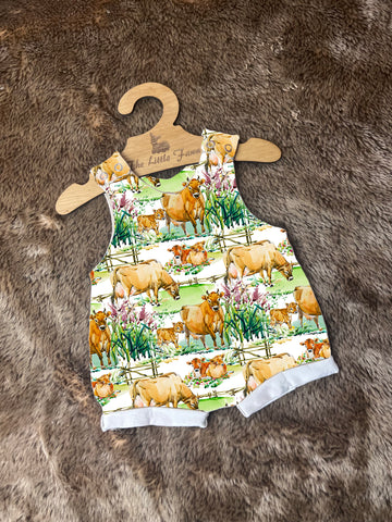 Cows in the meadow Romper with rolled cuffs 0-4 years