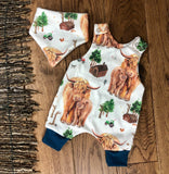 The Little Fawn Highland cow romper 0-4 years