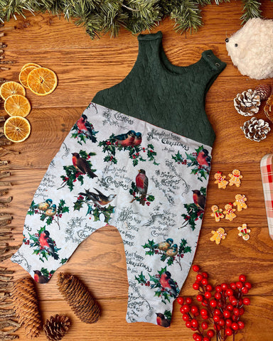 Birds and holly cable knit topped romper