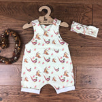 The Little Fawn Pheasant Romper with rolled cuffs 0-4 years
