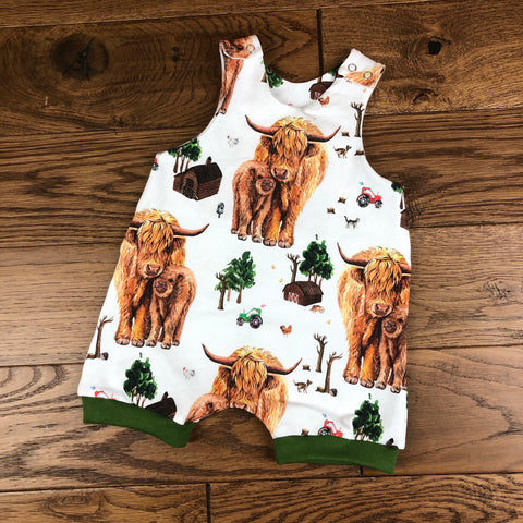 Highland Cow short cuffed Romper 0-4 years