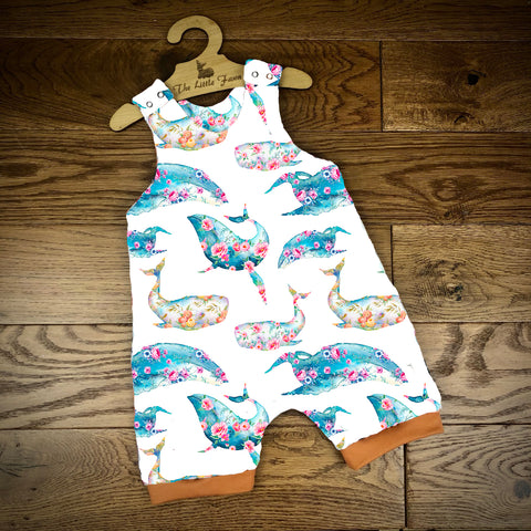 Floral whales short cuffed Romper 0-4 years