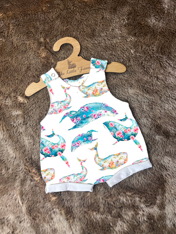 Floral whales Romper with rolled cuffs 0-4 years
