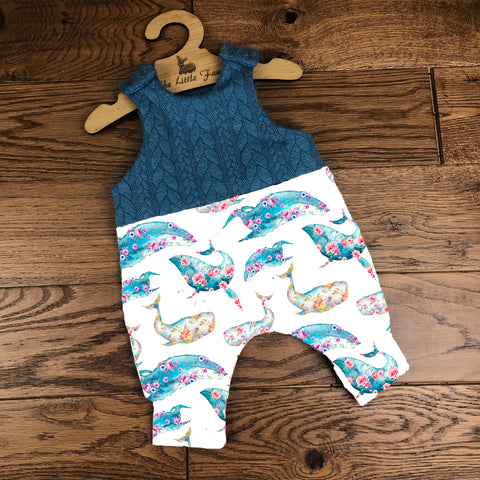 Floral whales cable knit topped romper
